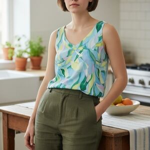 MB  Sleeveless V Neck Camisole Blue Mulitonal Abstract Painted Print Top Fairy M